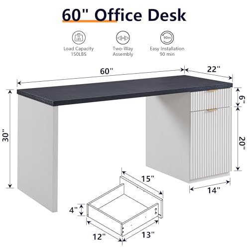 Modern Executive Desk with Storage, Wood Home Office Desk with Drawer & Cabinet, Fluted Computer Writing Desk for Study, Living Room, Bedroom - color: Antique White, size: 22"D x 60"W x 30H"