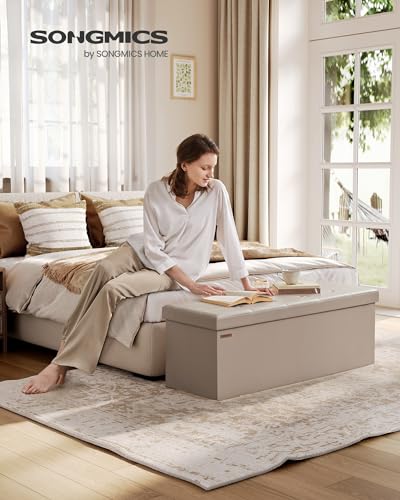 SONGMICS Mazie Collection - 43 Inches Folding Storage Ottoman Bench, Ottoman with Storage, Foot Rest Stool, Load 660 lb, for Living Room, Synthetic Leather, Camel Brown ULSF070K03 - color: Camel Brown, size: 15"D x 43"W x 15"H