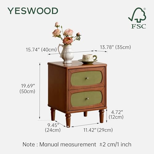 100% Solid Wood Nightstand, Wooden Nightstands with 2 Drawers, Mid Century Modern Nightstand, Small Bedside Table for Bedroom (Green Velvet Drawer, Teak Finish) - color: Teak-1