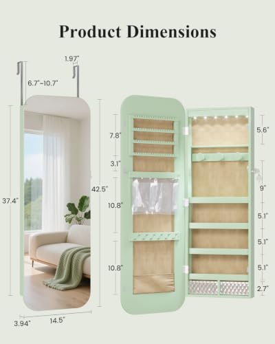 6 LEDs Mirror Jewelry Cabinet Door Hanging, 42.5", Lockable, Green | Jewelry Organizer with Full Length Mirror, Wall Mounted Large Jewelry Storage for Earrings, Rings, Necklaces - color: Green