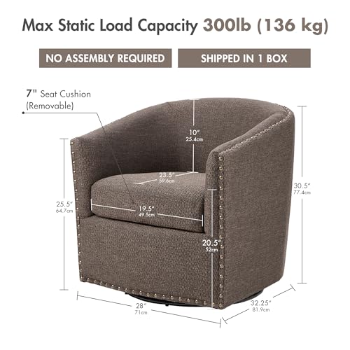 Madison Park Swivel Barrel Accent Chair, Upholstered Curved Back with 7-Inch Thick Woven Cushion, 360° Swivel, Nailhead Trim, Comfy Chair for Living Room, Bedroom, Office, 28" Wide, Chocolate, Tyler - color: Chocolate