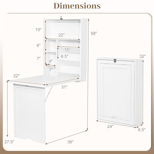 Casart Multi-Function Computer Desk, Wall Mounted Fold Out Table | Convertible Writing Workstation with Built-in Storage Shelves; Space Saving Furniture for Home Salon Office Nail Art Station