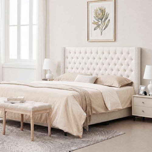 Madison Park King Wingback Upholstered Tufted Headboard, Featuring High-Density Sponge Padding, Adjustable Height Headboard, Easy Assembly, Beige Velvet - color: Beige Velvet, size: King