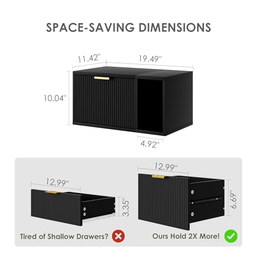 Masupu Floating Nightstand, Wall Mounted Floating Bedside Table with Storage Drawer and Open Shelf, Modern Bedroom Nightstand, 19.3" x 11.4" x 10", Black - color: Black