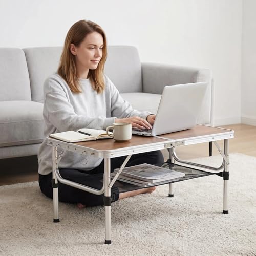 Small Folding Camping Table, 2ft Portable Picnic Table Aluminum 24" x 16" Folding Table, 3 Adjustable Heights Portable Lightweight Table Dining Table for RV, Picnic, Beach (Wood Pattern) - color: Wood Pattern