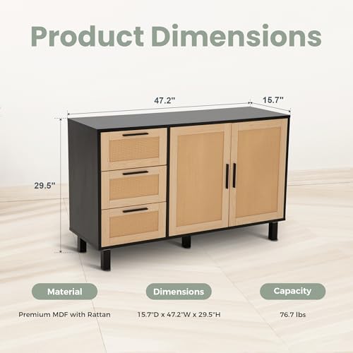 PHI VILLA Black Rattan Cabinet with Doors, Buffet Sideboard Cabinet with Drawers, 2 Door Storage Cabinets - color: Rattan 2
