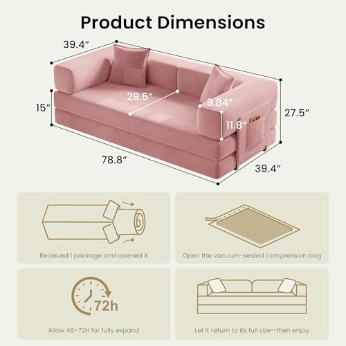 78.8" Convertible Futon Sofa Bed, Boneless Couch for Living Room | Corduroy Boneless Loveseat Sleeper Sofa, Modular Futon Couch with Storage Pocket, Pull Out Couch No Assembly | Pink - color: Pink