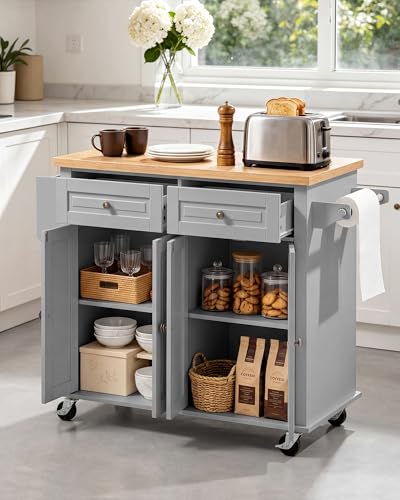 VEVOR Kitchen Island Cart with Storage, 43.7 in Wide Mobile Rolling Storage Island on Swivel Wheels, with 2 Drawers, Storage Cabinet, Spice/Towel Rack, Hooks, Table for Home Dining Room, Gray - color: Grey