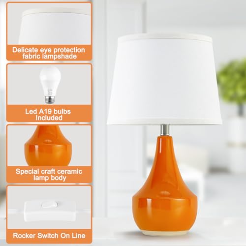 18" Table Lamp Set of 2, Ceramic Lamp Classic Beside Lamps Nightstand Lamp Modern Table Lamp for Living Room, Bedroom & Office Rocker Switch Orange-LED Bulbs Included - color: 18.63" Orange