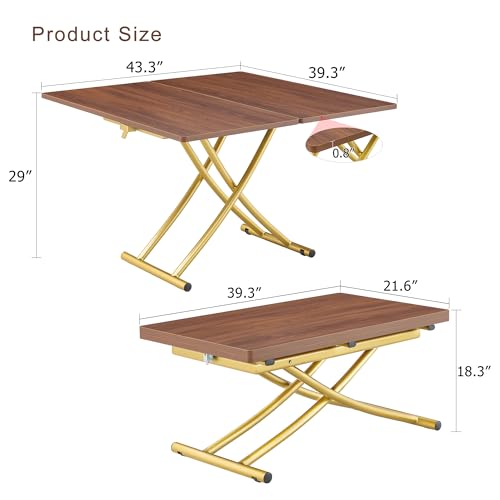 4 in 1 Adjustable Folding Dining Table for 4, Foldable Table for Small Spaces, Coffee Table that Lifts Up to Eat, Scratch-Resistant Wood Grain Top with Metal Frame for Kitchen Living Room - color: Walnut-gold