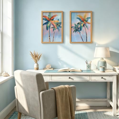 LDXCJXOR Colorful Palm Tree Wall Art, 2-Piece Framed Canvas Painting, Tropical Coastal Wall Decor for Living Room Bedroom, 16x24 Inch Ready to Hang - color: Colorful Palm Tree Wall Art, size: 24"L x 16"W