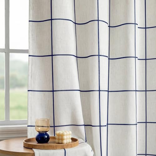 MYSKY HOME 100% Blackout Navy Blue Plaid Linen Farmhouse Curtains 84 Inches Long 2 Panels Set Double Layer Thermal Insulated Checkered Patterned Drapes for Living Room Bedroom, W52 Each Panel - color: Navy Blue, size: 52"W x 84"L (Pack of 2)