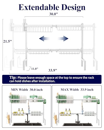 Kitsure Adjustable Over The Sink Dish Drying Rack, 26.8" -33.9"x21.5" | Sink Drying Rack for Kitchen Sink, Dish Rack Over Sink with Cutlery & Utensil Holders, Kitchen Storage, White - color: White, size: Large