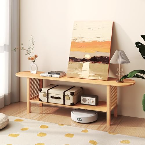 HollyHOME Bamboo TV Stand with Storage for TVs up to 65", Modern Entertainment Center with Rattan Side, Accent TV Table with 2 Shelf, Media Console TV Stand for Living Room, Bedroom, Burlywood - color: Rattan Side