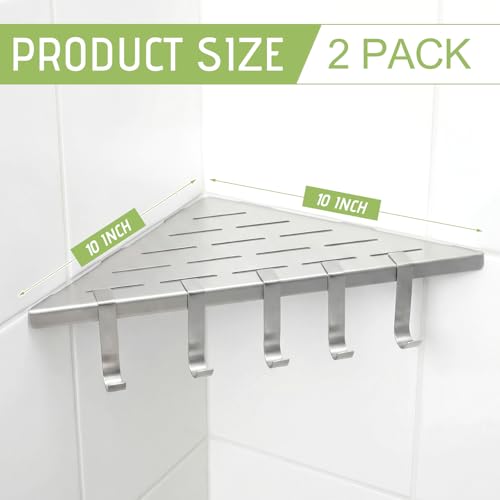 2 Pack 10'' Corner Shower Shelf with Hooks Sturdy 304 Stainless Steel, Space Saving Design Recessed Tile Shower Shelf for Inside, Tiled Walls, Bathroom Organization (Silver) - color: Silver