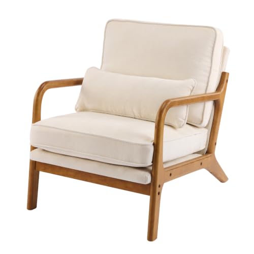 Karl home Mid-Century Modern Accent Reading Chair, Creamy | Chenille Upholstered, Solid Wood Frame, Soft Cushion, Lumbar Pillow, Lounge Armchair for Living Room, Bedroom, Balcony, Study - color: Chenille Creamy