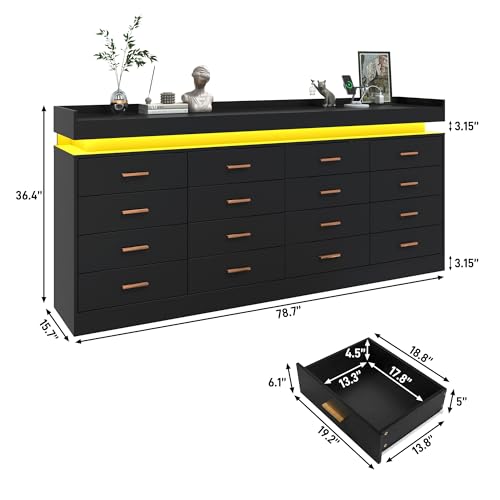 jiteentarou 16 Drawer Dresser with Charging Station and LED Lights, Modern Chest of Drawers with Power Outlet, Organizer Cabinet for Bedroom, Living Room, Entryway, Black - color: Black, size: 15.7"D x 78.7"W x 36.4"H (16 Drawers)