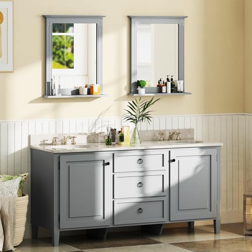 CHARMAID Bathroom Mirror with Shelf - 27" x 22.5" Wall Mirror Over Bathroom Sink, Wooden Frame Modern Rectangular Hanging Vanity Makeup Mirrors for Washroom, Entryway (Gray,27" L x 22.5" W) - color: Grey