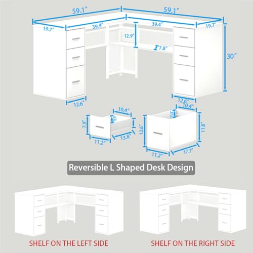 HSH L Shaped Desk with Drawers, White Corner Desk with Storage, 59 Inch | Large Home Office Corner Computer Desks with Storage File Cabinet, Modern Metal Wood Desks for Executive Writing Workstation - color: White Oak