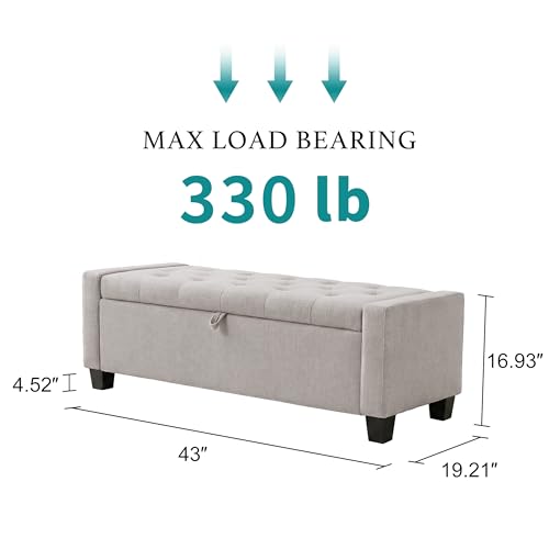 43" Ottoman with Storage, Light Gray Storage Ottoman Bench | Upholstered Entryway Bench with Seating for Bedroom, Living Room with Safety Hinge, Holds up to 330 lb - color: Lightgray, size: 19.2"D x 43"W x 16.9"H