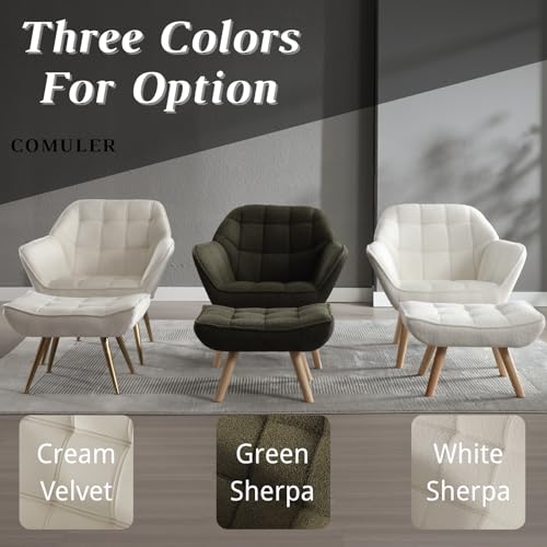 White Sherpa Accent Chair with Ottoman ,Modern Reading Chairs with Ottoman Set, Comfy Fuzzy Armchair Living Room Chair Lounge Chair with Wood Legs for Small Spaces Bedroom Apartment - color: White, size: Chair with Ottoman