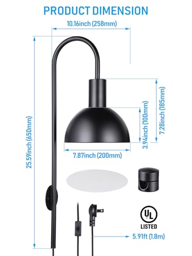 TORCHSTAR 26 Inch Wall Light Fixture, Metal, Plug-in, E26 Base, Black | Wall Mounted Lamp with On/Off Switch for Living Room, Reading Nook, Bedroom, Bulb Not Included - color: Black