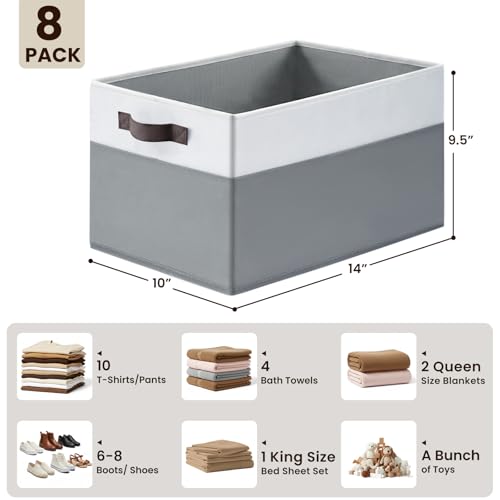 Large Storage Baskets 8 Pack Versatile Fabric Storage Bins for Closet Cabinet Wardrobe Nursery Pantry | Nursery Organizer Bins for Baby Diaper Toys Clothes | Housewarming Mothers Day Gift - color: White with Grey, size: 8pcs - Rectangular 14"x10"x9.5"