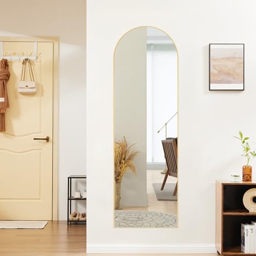 Sweetcrispy 59"x16" Arched Full Length Mirror, Full Body Mirror, Gold | Aluminum Alloy Thin Frame, Floor or Standing, Suitable for Bedroom, Living Room, Cloakroom - color: Gold-arched, size: 59"L x 16"W