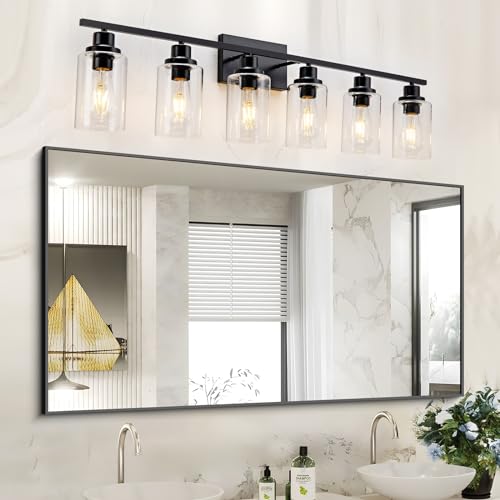 6 Light Bathroom Light Fixtures Black Vanity Light Over Mirror Modern Farmhouse Wall Lighting Sconces Wall Lamp for Bathroom, Bedroom, Living Room E26 Socket with Glass Shade - color: Black, size: 6 Light