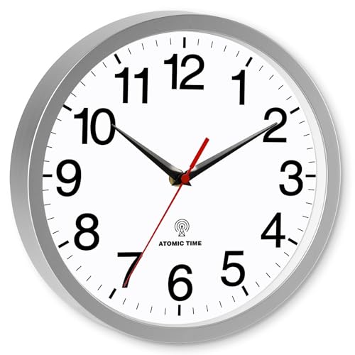 Wall Clock Analog 14 Inch Atomic Battery Operated Silent Clock | Silver, Easy To Read, Non Ticking, Round, Accurate, Kitchen, Living Room, Classroom, Office, School - color: Atomic_silver, size: 14 Inch