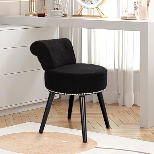 Vanity Chair with Back, Sherpa Stool with Tufted Backrest & Sliver Nailhead Trim, Round Vanity Seat for Bedroom and Bathroom Makeup, Support 220lbs, Easy Assembly (Teddy Black) - color: Sherpa Black