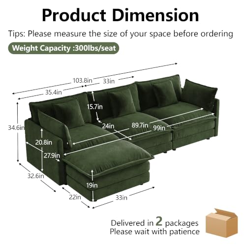 3 Seater Sectional Sofa,103.8 inch L-Shape,Green | Chenille Deep Seat Sofa with Pillow for Living Room, Bedroom and Apartment - color: Green, size: 103.8Inch-L
