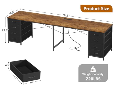 95" 2 Person Desk with 8 Fabric Drawers for Home Office, Living Room | Long Computer Desk Office Desks with Storage, Two Person Double Desks with Power Outlets, Rustic Brown - color: Rustic Brown, size: 18.9"D x 94.5"W x 29.3"H