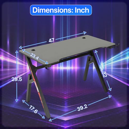 BLKMTY 47 Inch Gaming Desk R-Shaped Computer Desk with Headphone Hook and Cup Holder, Modern Gamer Desks Table for Home Office Dorm Sturdy Writing Workstation, Carbon Fiber Black, Red - color: Red, size: 47.2" R-shaped