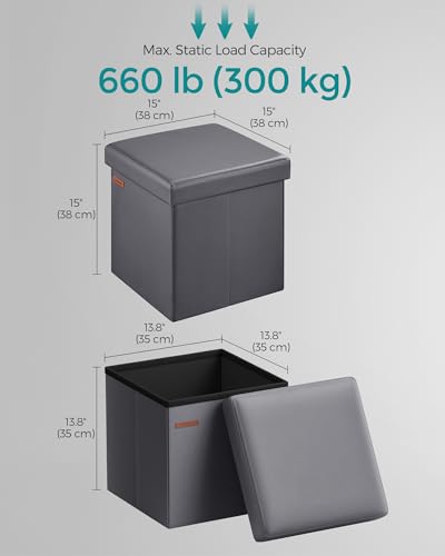 SONGMICS Mazie Collection - 15 Inches Ottoman with Storage, Footstool, Storage Ottoman, Load 660 lb, for Dorm, Living Room, Bedroom, Synthetic Leather, Dark Gray ULSF010G01 - color: Dark Gray