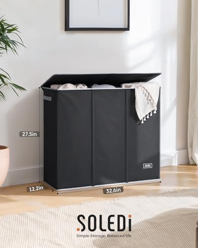 SOLEDI Large Laundry hamper 3 Section with Laundry Bag, XL Clothes Basket | 3-Section Large capacity Laundry Sorter with Odor-Blocking Lid, Robust Iron Frame & Waterproof 600D Fabric, 3 Washable Bags - color: Black, size: 180L