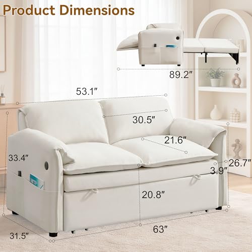 63" 3-in-1 Velvet Convertible Sleeper Sofa Bed, Modern Adjustable Backrest Loveseat Pull Out Couch with USB & Side Pocket, Small Space Love Seat Sofa Bed for Living Room, Bedroom, Beige Velvet - color: Beige