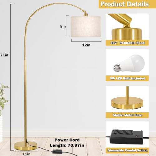Gold Arc Floor Lamp with Dimmer, Dimmable Floor Lamp with Adjustable Head | Mordern Arched Standing Lamp, Tall Pole Reading Light for Living Room, Bedroom, Over Couch, Office, 9W LED Bulb Included - color: Gold