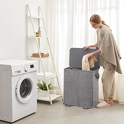 Lifewit Double Laundry Hamper with Lid and Removable Laundry Bags, Large Collapsible 2 Dividers Dirty Clothes Basket with Handles for Bedroom Laundry Room Closet Bathroom College, 155L Grey - color: Gray, size: 155L