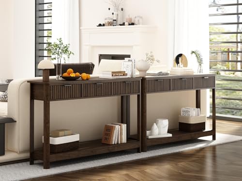 RUSTOWN Fluted Wood Console Table with 3 Drawers, 47.2" Boho Entryway Table | Narrow Behind Couch Sofa Table, Open Storage Shelf, Curved legs, 2 Tier Modern Farmhouse Hallway Table for Living Room, Foyer - color: Dark Walnut