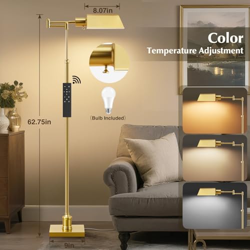 Traditional Height Adjustable Pharmacy Floor Lamp with 350° Swing Arm, Color Temperature Adjustable Standing Lamp Metal Shade for Living Room Reading House Bedroom Home Office(Gold) - color: Gold