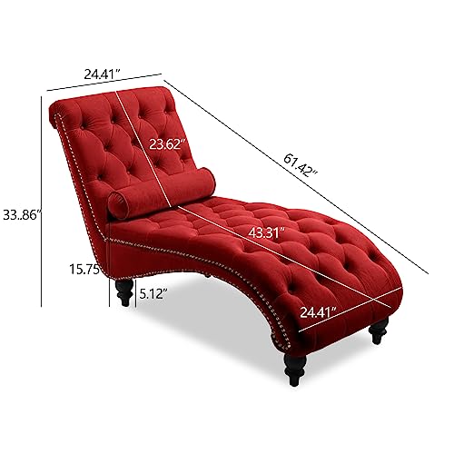 Button-Tufted Velvet Chaise Lounge Chair with Wood Legs & Toss Pillow, Armless Rolled Backrest Leisure Sofa Recliner for Living Room Bedroom Office, Contemporary Style (Red) - color: Red Velvet