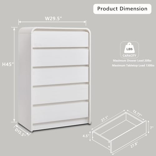 Aitjunz Modern 5 Drawers Dresser for Bedroom, 45" Tall Dressers & Chests of Drawers w/Curved Profile Design, Wood Mid Century Vertical Dresser w/Natural Texture for Bedroom, Living Room, Antique White - color: White, size: 15.5"D x 29.5"W x 45.3"H (5 Draw
