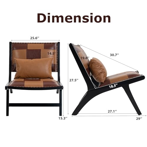 Accent Chair, Modern Comfy Genuine Leather Armless Accent Chairs | Mid-Century Anthropologie , Lounge Arm Chair with Solid Wood, Floral Pattern Sofa Chair for Living Room/Balcony/Bedroom - color: Leather-brown-1818