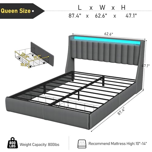SADENICEL Queen Bed Frame with 2 Storage Drawer, Queen Size Bed Frame, Grey | Headboard with Charging Station and LED Lights, Metal Platform Bed with Storage Shelf, Noise Free, No Box Spring Needed - size: Queen, style: Channel Tufted & 2 Storage Drawers