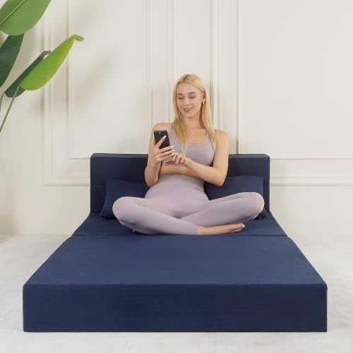 Fvkind Fold Out Chair Bed with Pillow High-Density Foam Standard Size, Blue | Soft Corduroy Fabric - Portable Guest Bed - Bedroom & Guest Room - Adults & Visitors - Easy Storage - color: Blue, size: Twin