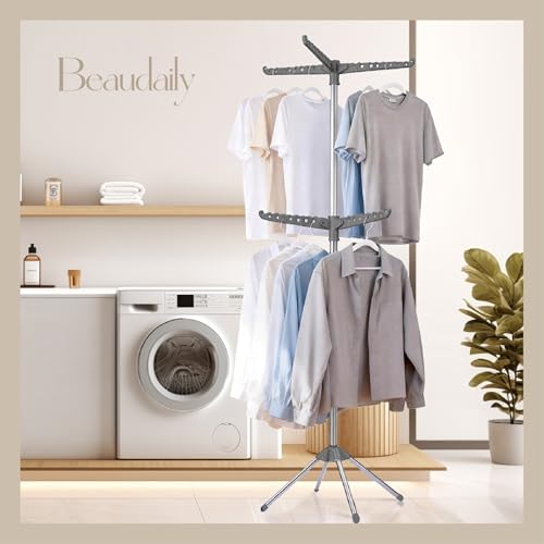 Beaudaily Clothes Drying Rack, Foldable 74.8-Inch Laundry Drying Rack, Indoor 2 Tier Drying Rack Clothing with Rotatable Arms, Stainless Steel, Holds 54 Pieces, Space Saving, Grey and Silver - color: Grey + Silver, size: 2-Tier