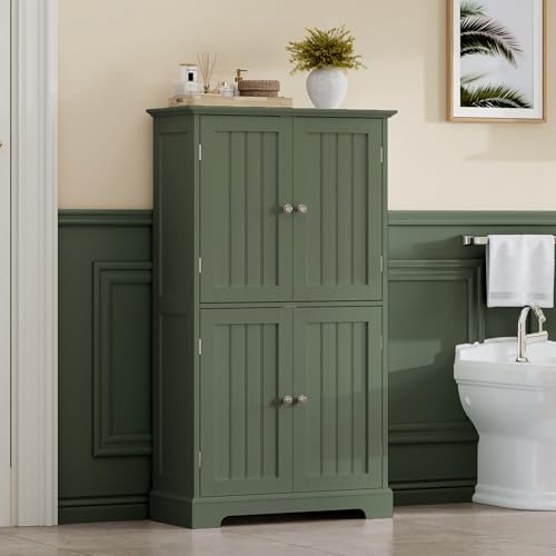 ChooChoo Bathroom Floor Cabinet with Adjustable Shelves | Bathroom Storage Cabinet, 4 Doors, Freestanding Cupboard for Living Room, Green - color: Green, size: 11.81"D x 23.62"W x 43.31"H