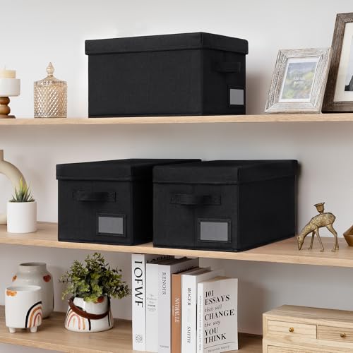 GRANNY SAYS Storage Bins with Lids, Decorative Storage Boxes with Lids | Storage Box with Dust Cover, Handles & Lable, Collapsible, Ideal for Closet Clothes Blanket Toys, Medium, Black, 3-Pack - color: Black, size: Medium