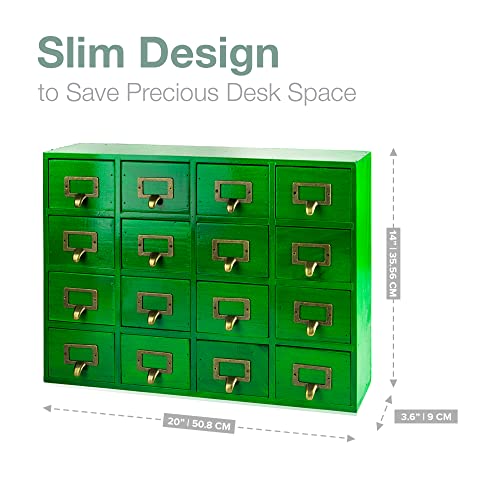 Emerald Green Wood 16-Drawer Apothecary Small Cabinet - 20"x3.6”x14” Card Catalog Style Table Top Organizer - Wooden Storage Box w/16 Drawers - 4-Level Countertop Organizer w/Label Holders & Handles - color: 16 Drawer Emerald Green